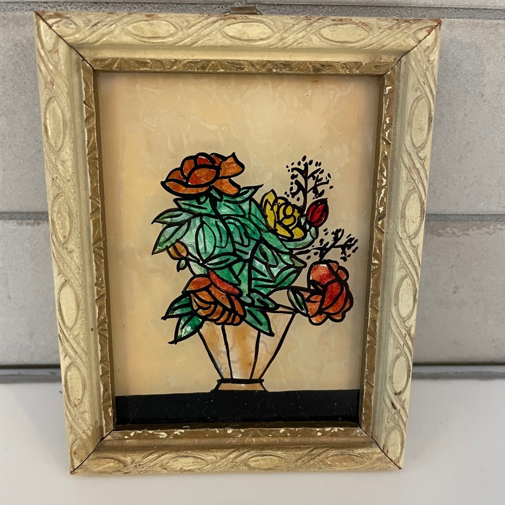 Foil Art Reverse Painted Picture Flowers Vase Roses Framed